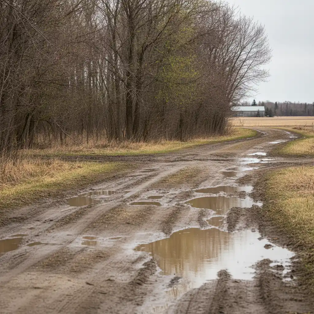 muddy rural approach road in spring with deep ruts leading toward a Manitoba treeline