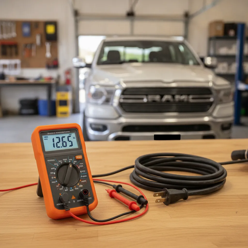 digital multimeter and test leads on a workbench for an electrical resistance check