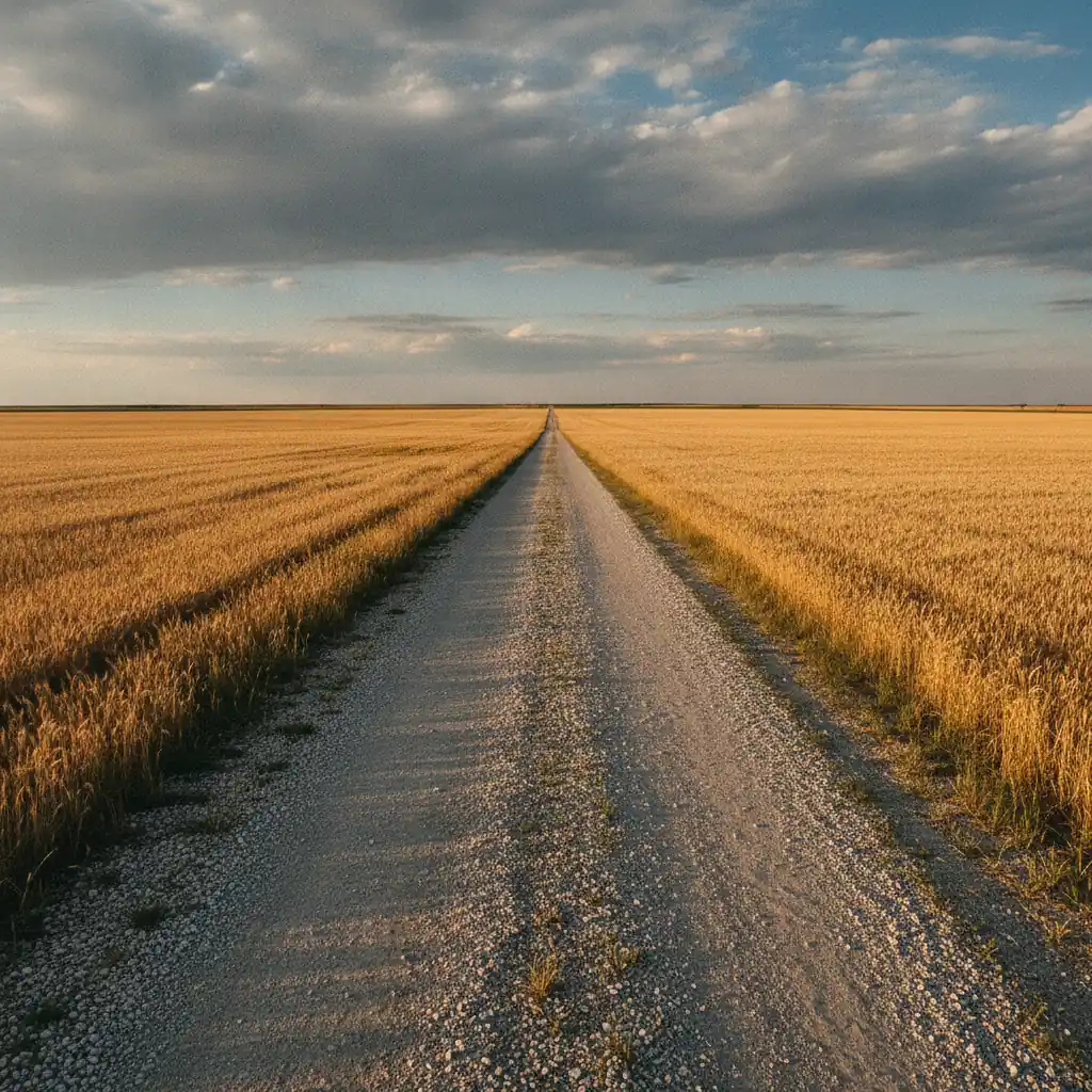 gravel approach road running into a prairie grain field under a wide summer sky