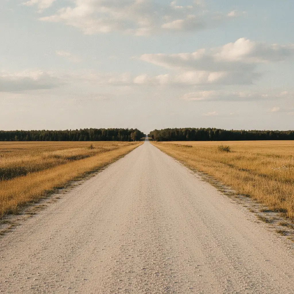 flat prairie grid road in late summer running toward a distant treeline