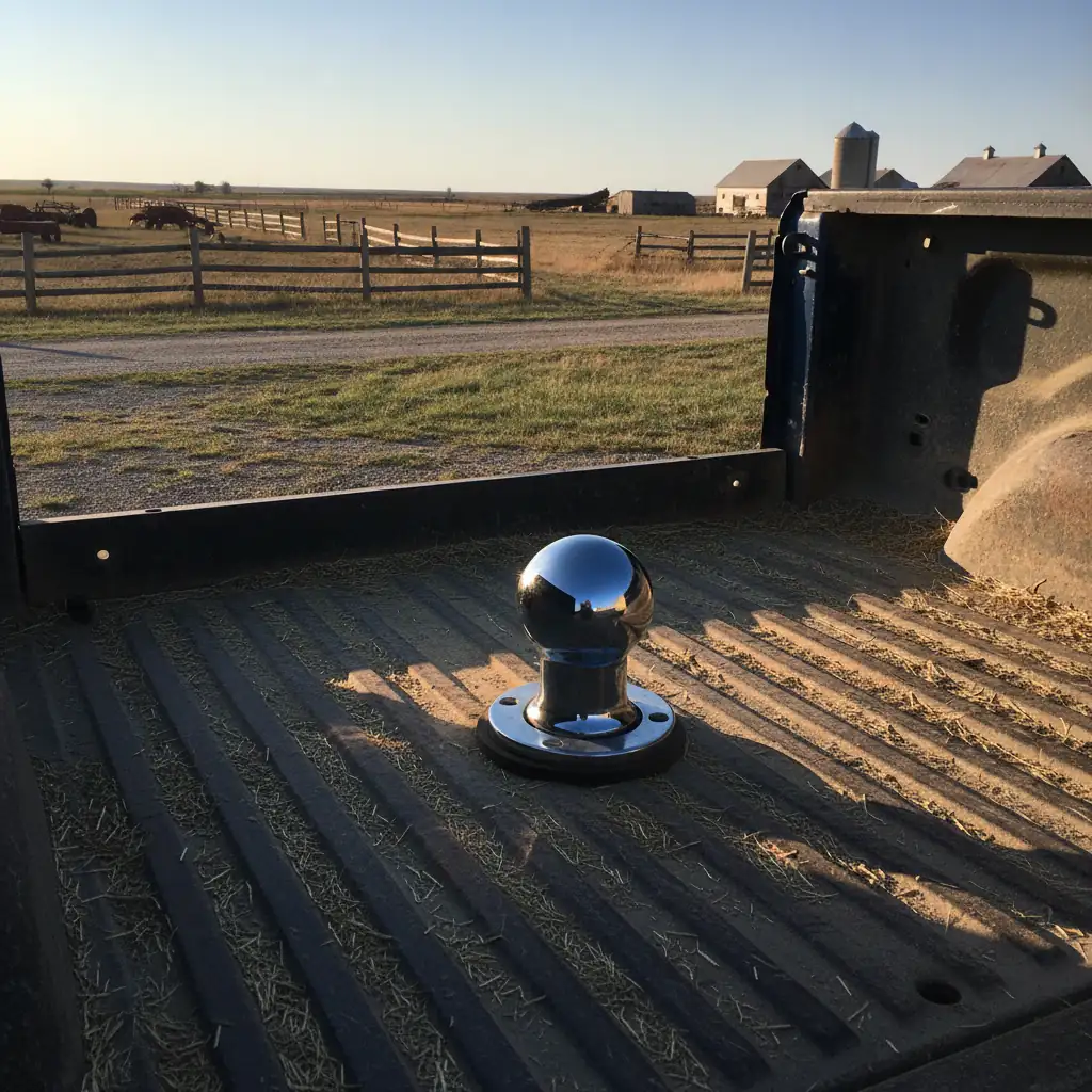 gooseneck hitch ball mounted in the bed of a Ram 3500 pickup on a prairie farmyard morning