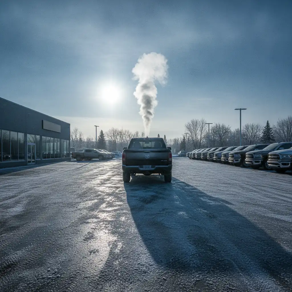 Ram 1500 pickup on a frozen Manitoba dealership lot at dawn with exhaust vapour in the cold air