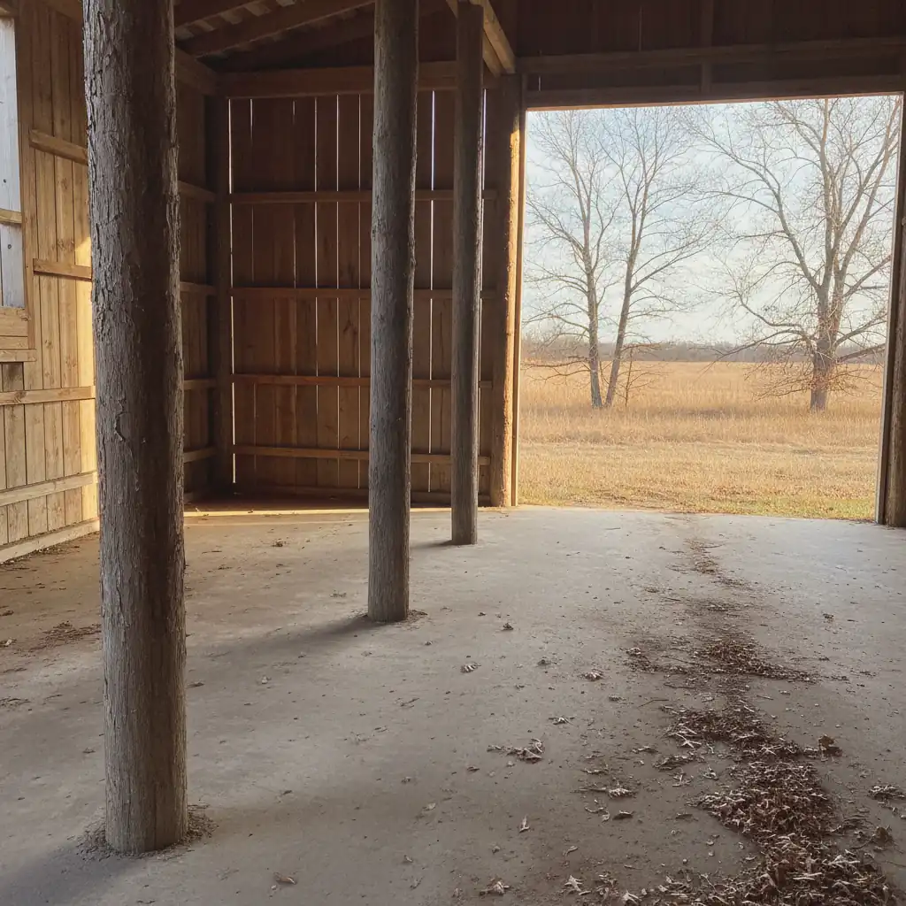 interior of a rural pole shed with concrete floor in late autumn