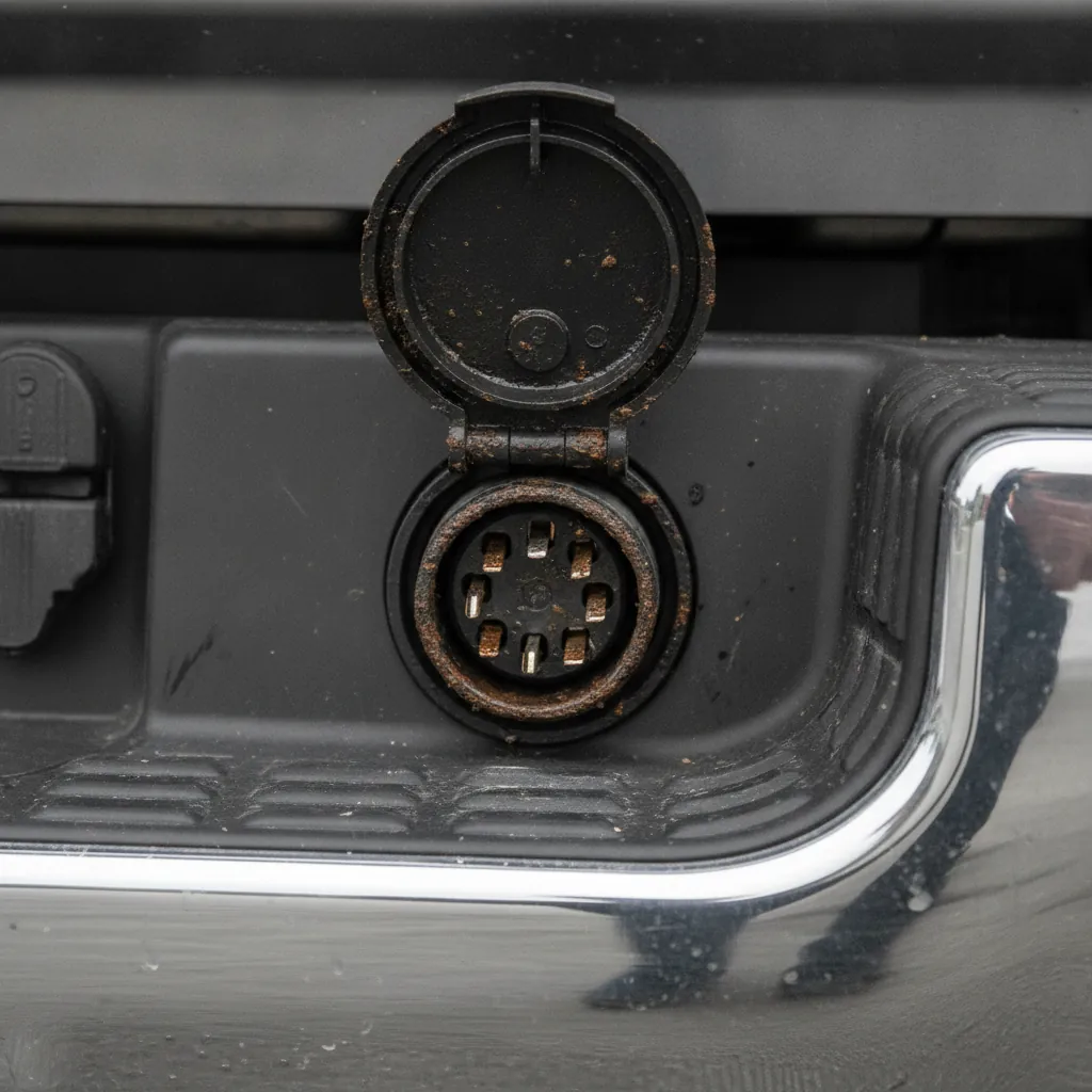 Seven pin trailer wiring socket at a truck rear bumper with the cover open showing the contacts