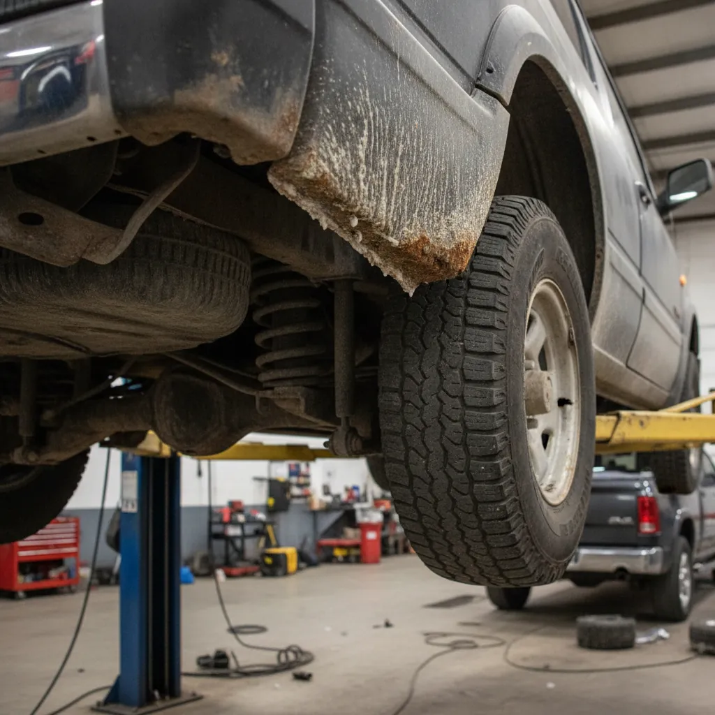 rear wheel arch and rocker panel of an older SUV inspected for salt corrosion on a hoist