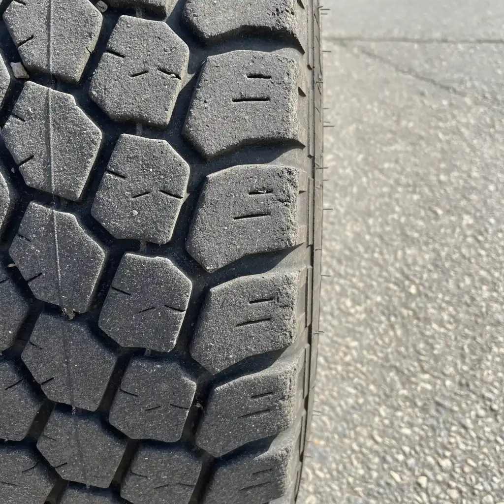 Truck tire tread showing heavier wear on the outer shoulder than the centre ribs