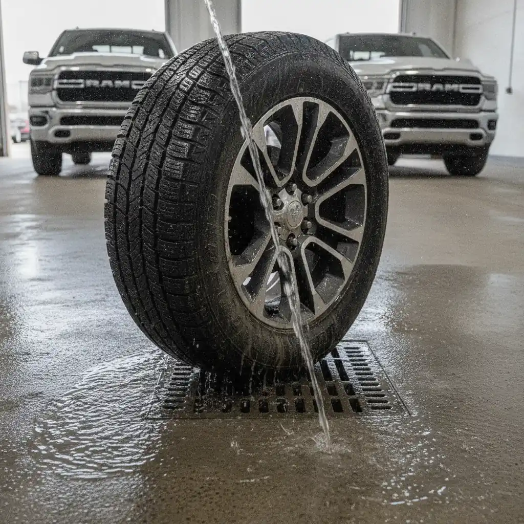 tire on an alloy wheel being rinsed clean of road salt on a shop floor
