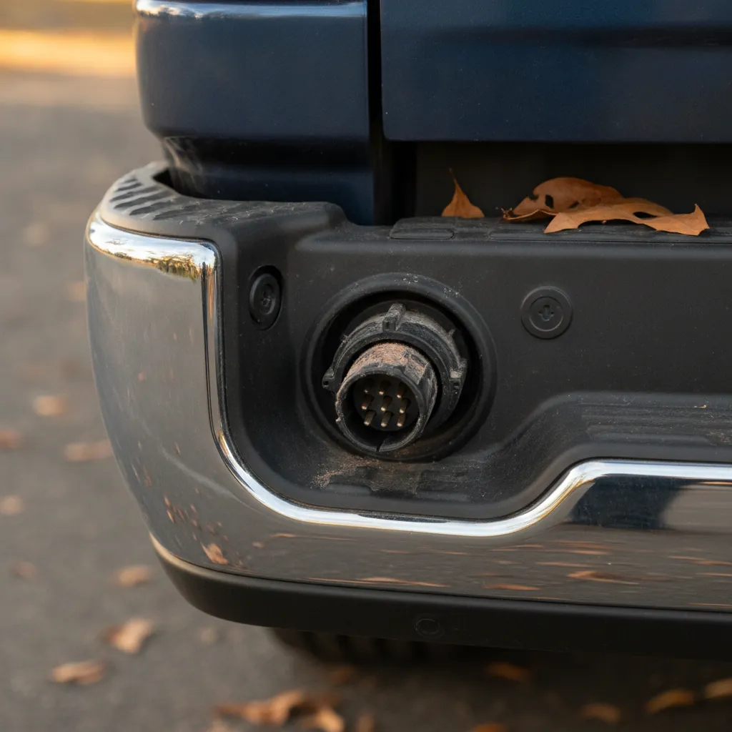 seven pin trailer wiring connector on the rear of a pickup truck