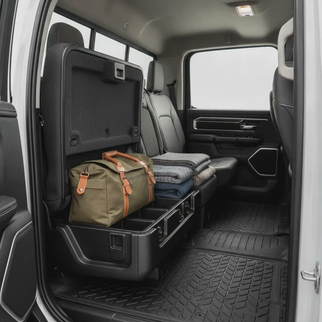 under seat storage in a pickup truck cab with a duffel bag and blankets stowed