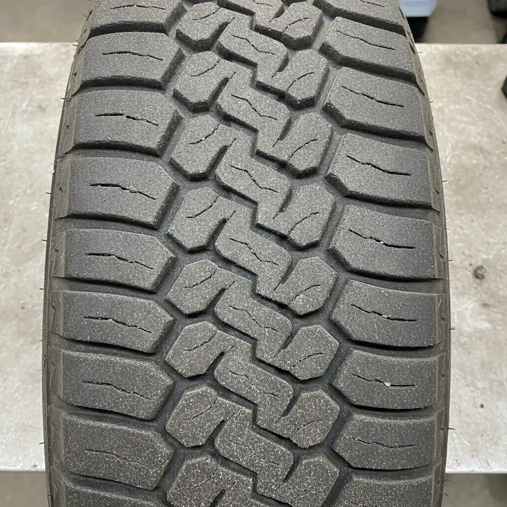 macro close up of uneven feathered wear across the tread blocks of a light truck tire