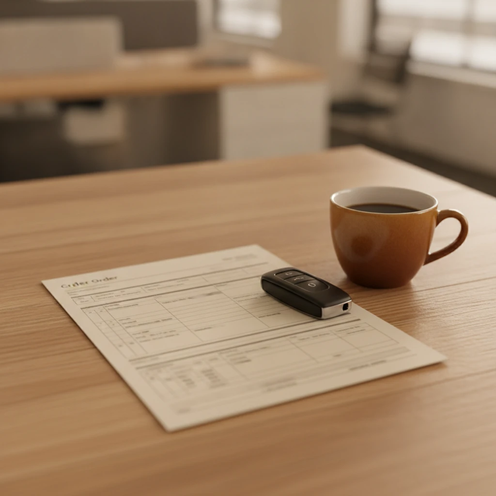 printed vehicle order sheet and a key fob on a dealership desk