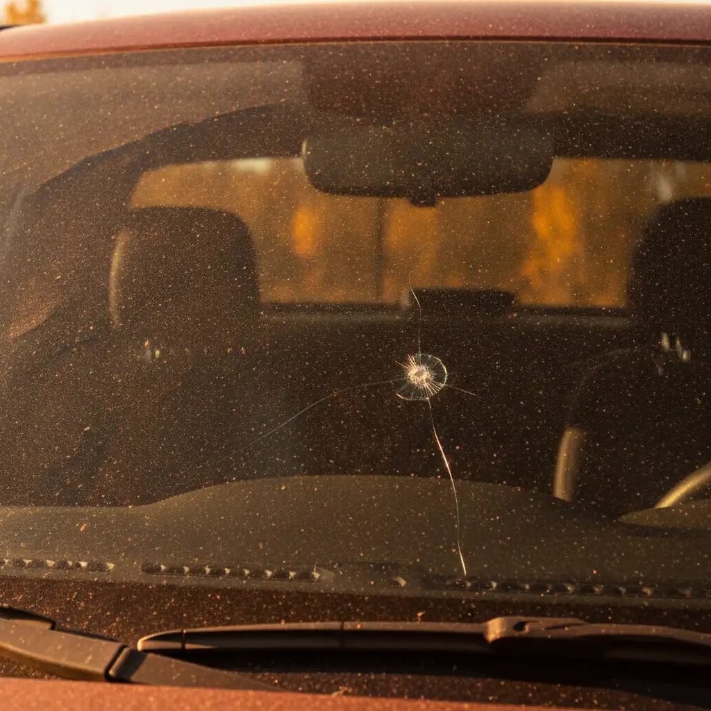 stone chip and crack on a truck windshield with autumn sun glare