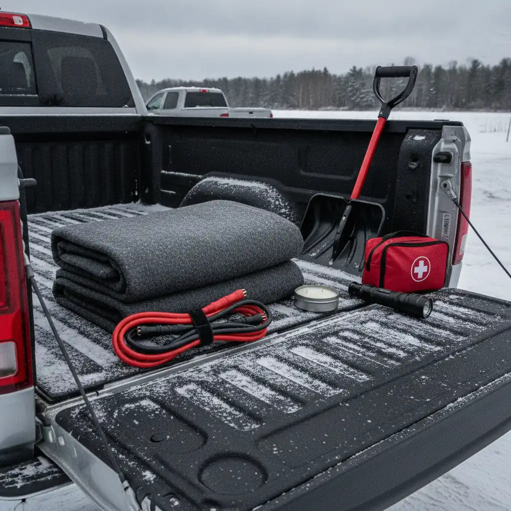 winter emergency kit with blanket booster cables shovel and flashlight laid out in a truck bed