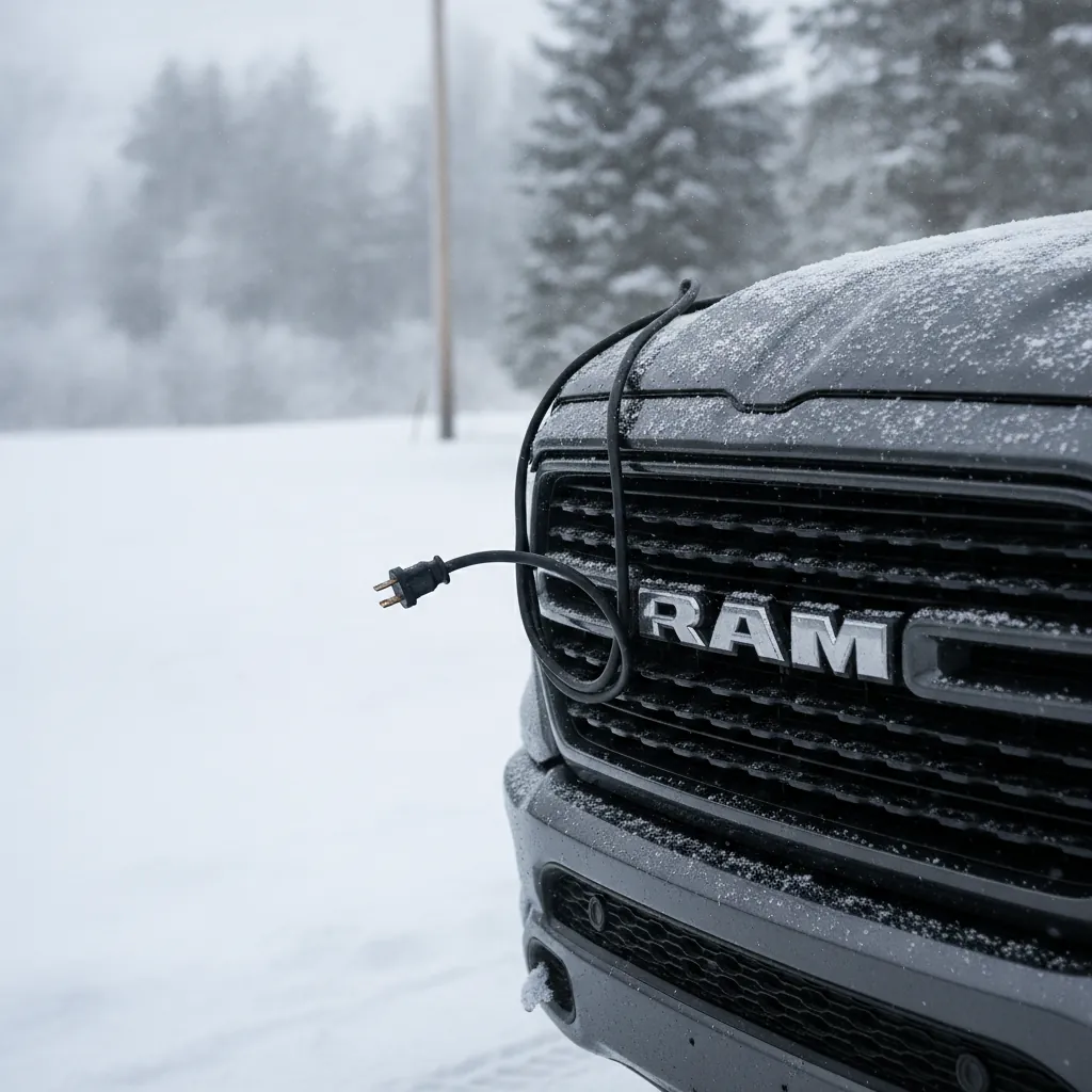 block heater cord end hung over the front grille of a Ram 1500 in winter