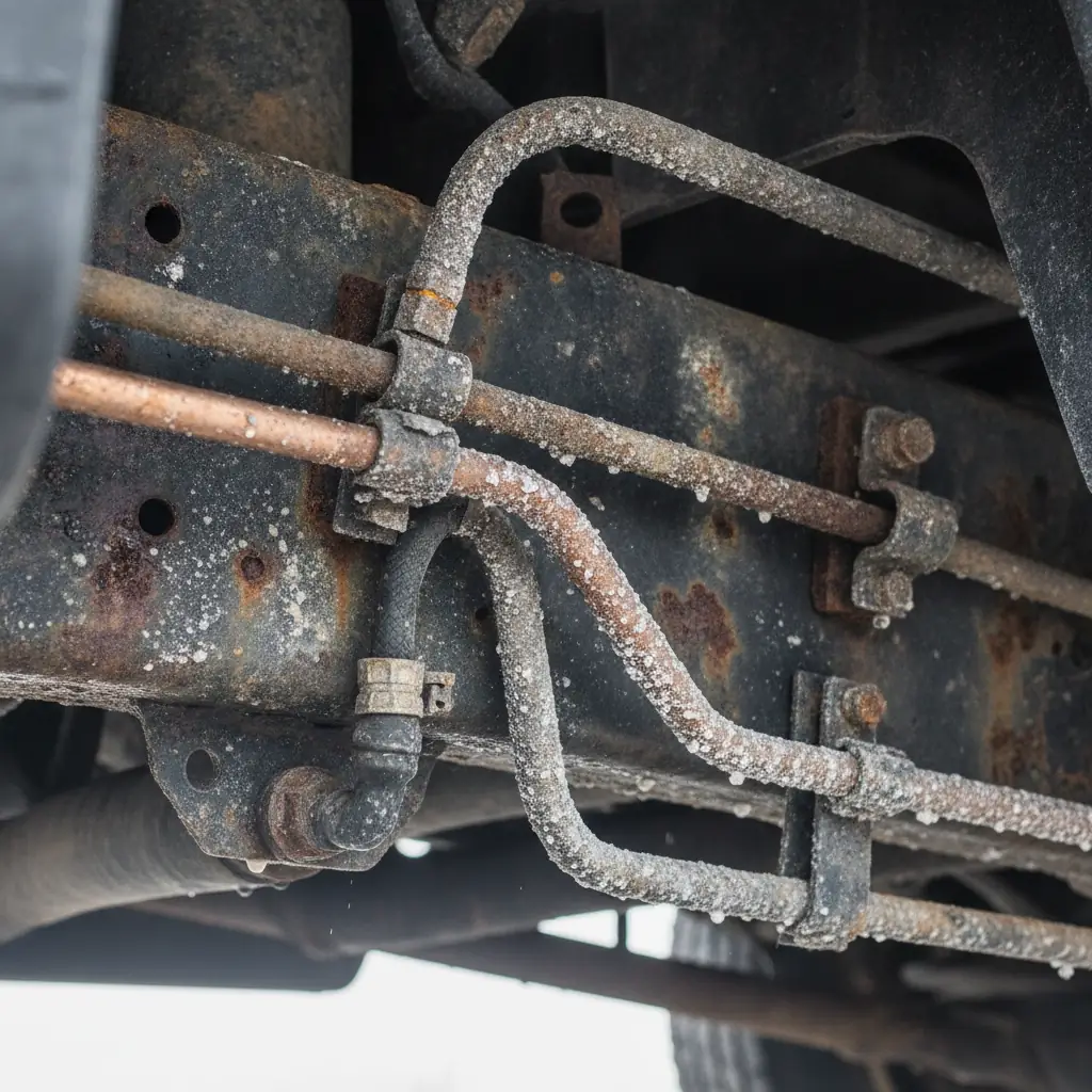 Corroded brake and fuel lines with salt residue along the underside of a truck frame rail