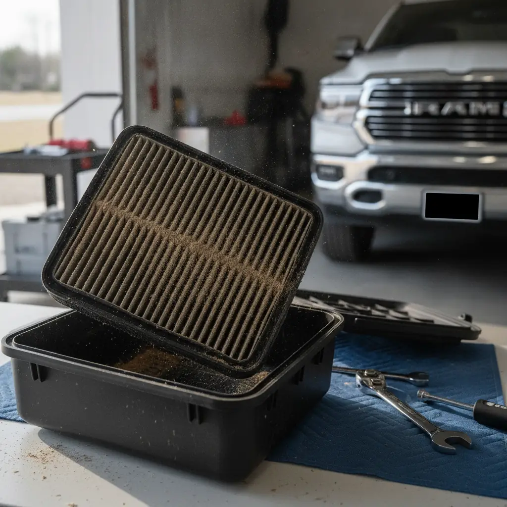 dust loaded engine air filter element removed from the airbox after gravel road driving