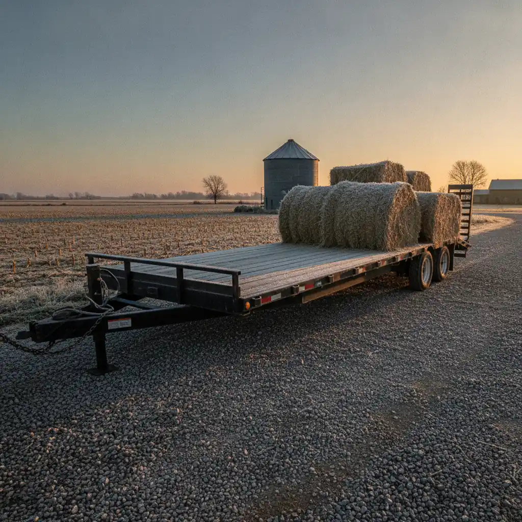 loaded flat deck trailer parked on a gravel farm approach at dawn with frost on the deck