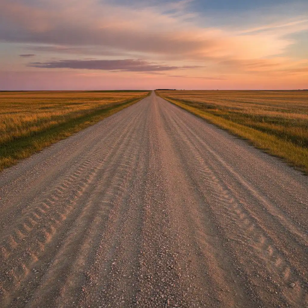 Empty Manitoba gravel grid road with washboard ripples running straight across flat farmland