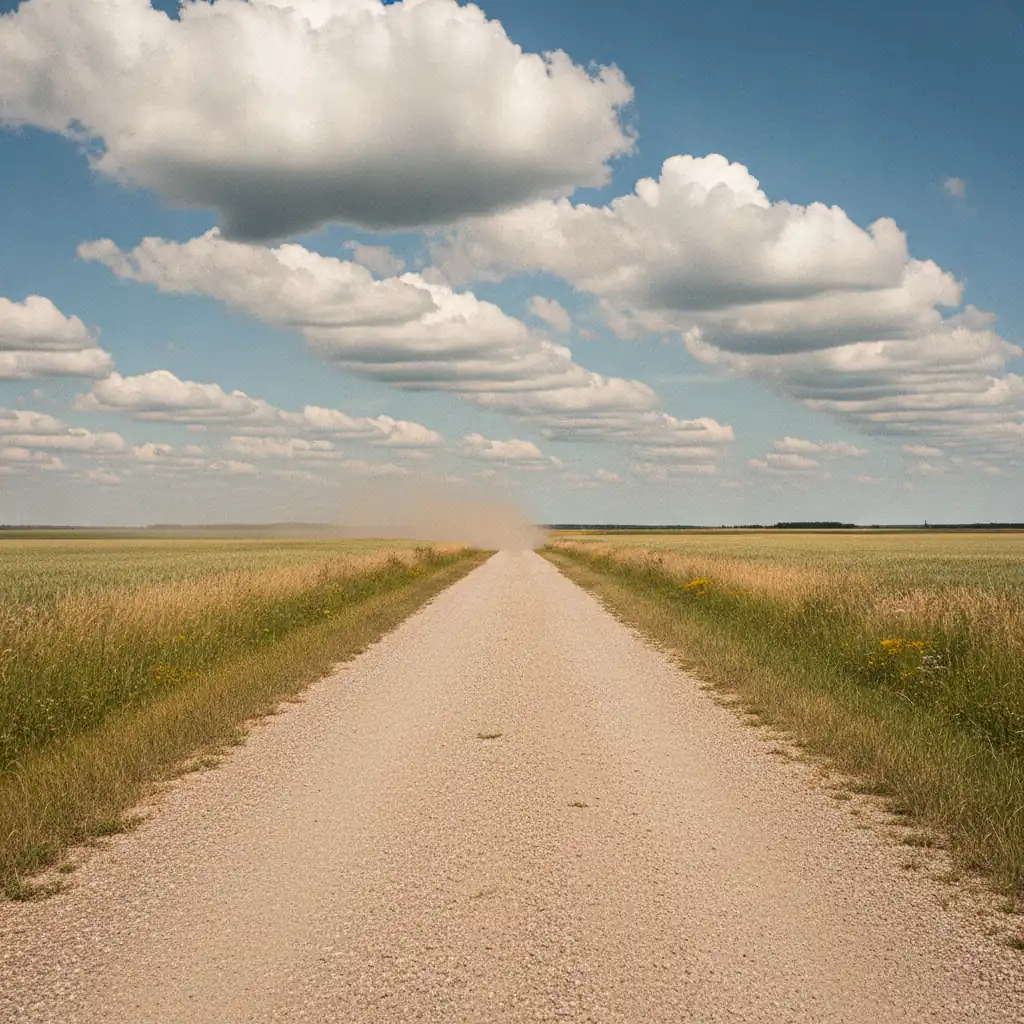 Dusty gravel back road in rural Manitoba on a bright summer afternoon