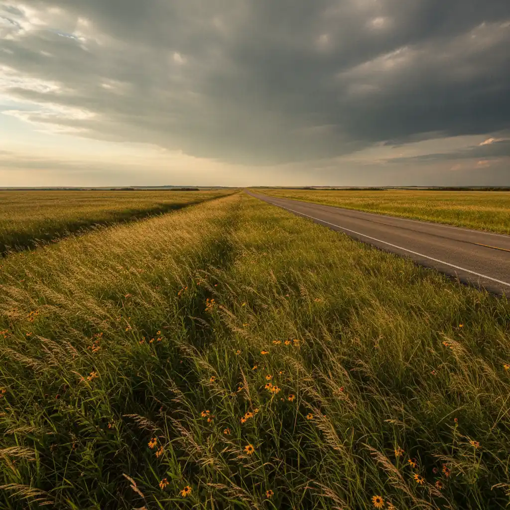 straight prairie highway in late summer with grass bent sideways by a crosswind
