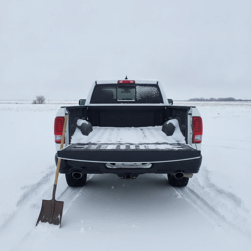 Open pickup box with packed snow in the corners on a prairie yard in winter