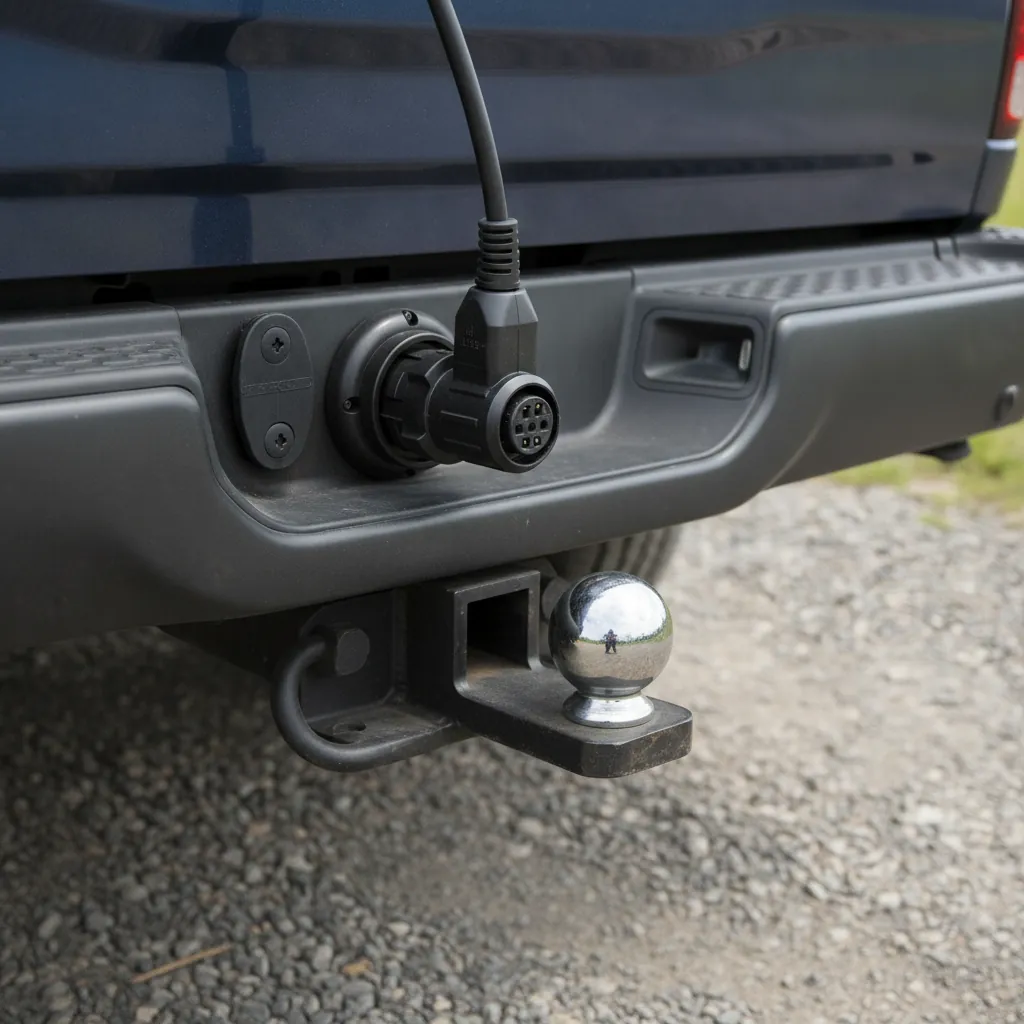 seven pin trailer wiring connector plugged in beside a hitch receiver on a gravel road