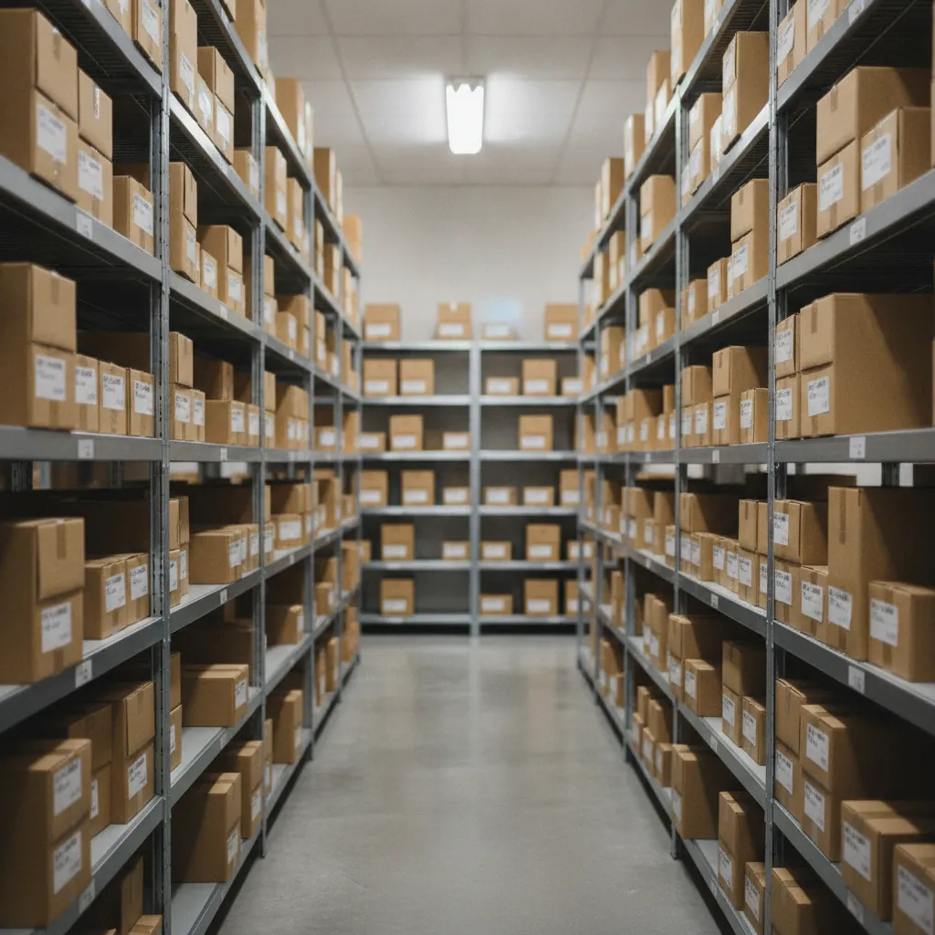 Rows of parts boxes on metal shelving in a dealership parts department stockroom