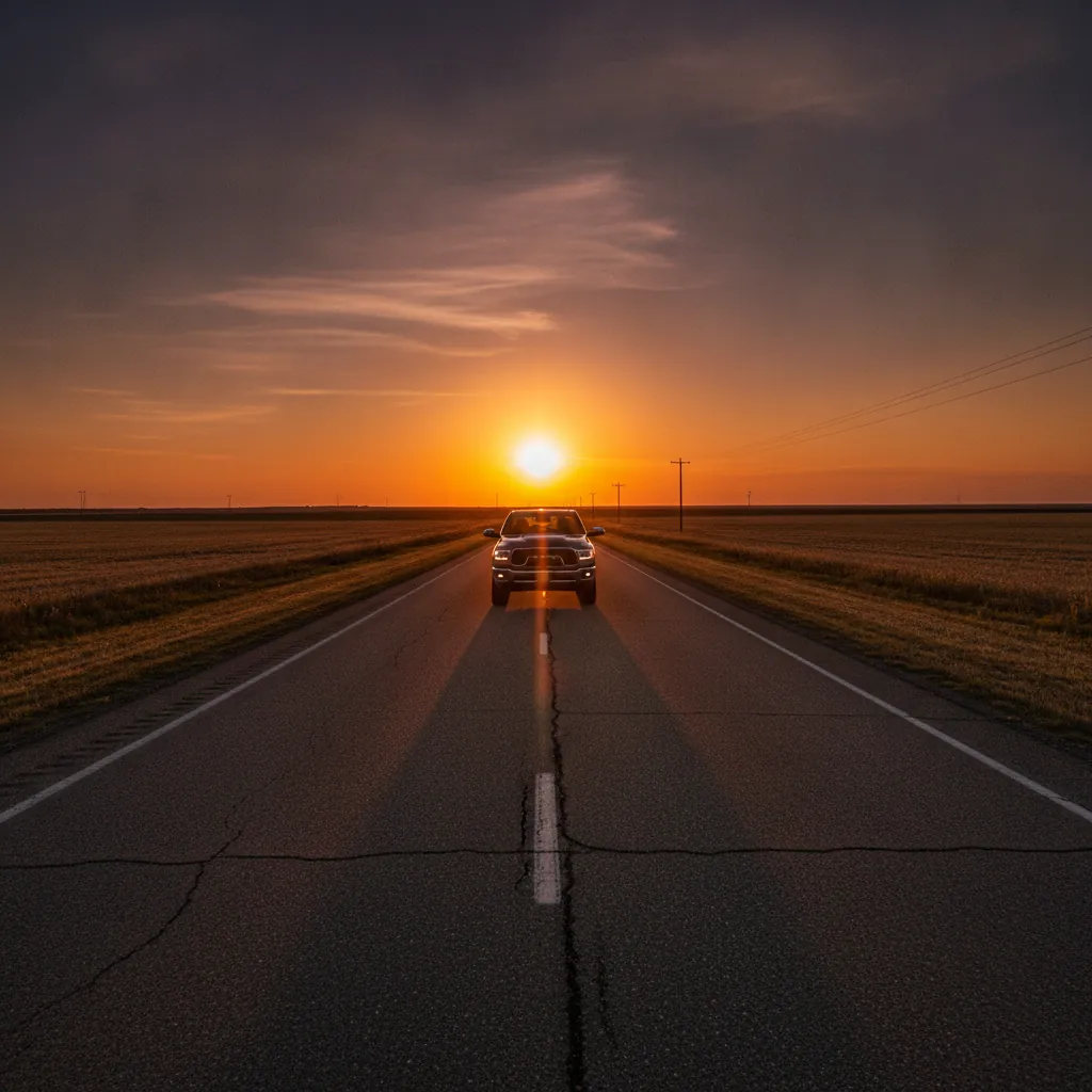 low sun glare on a straight rural Manitoba highway at dusk during harvest season