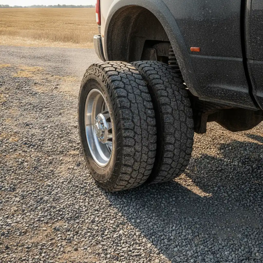 dual rear wheels and rear axle of a Ram 3500 on a gravel approach beside a stubble field