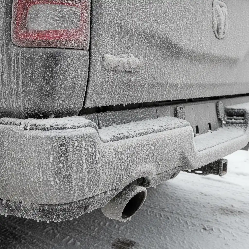 Rear bumper and hitch receiver of a Ram pickup caked in white road salt and winter grime