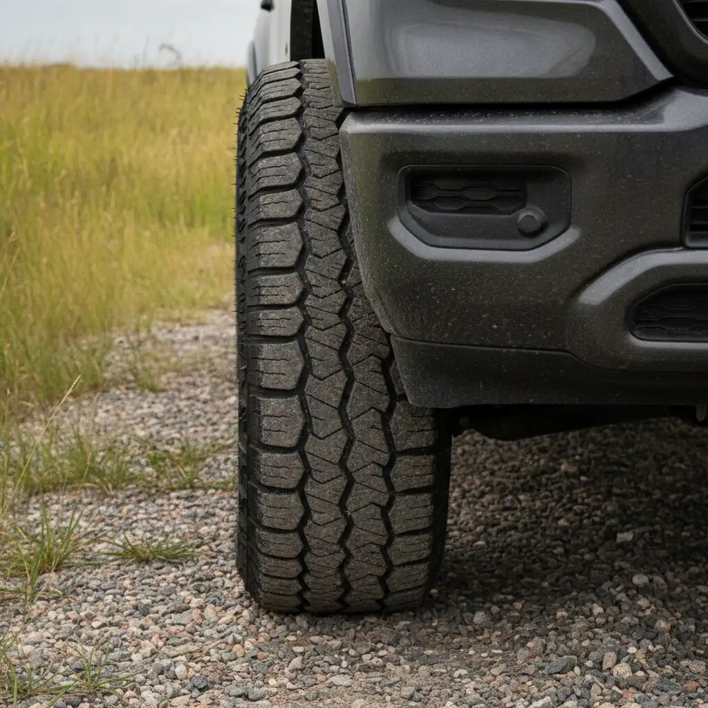 Close up of an all terrain tire and front bumper on a gravel road with prairie grass behind