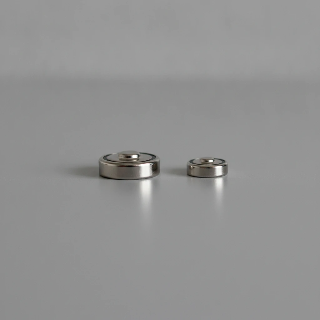 Two coin cell batteries of different sizes side by side on a workbench