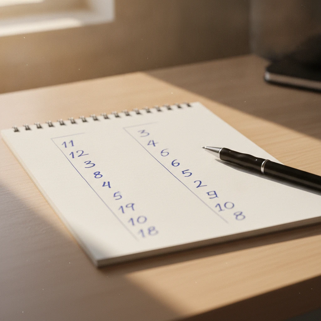 A notebook page on a desk comparing two columns of numbers with a pen beside it