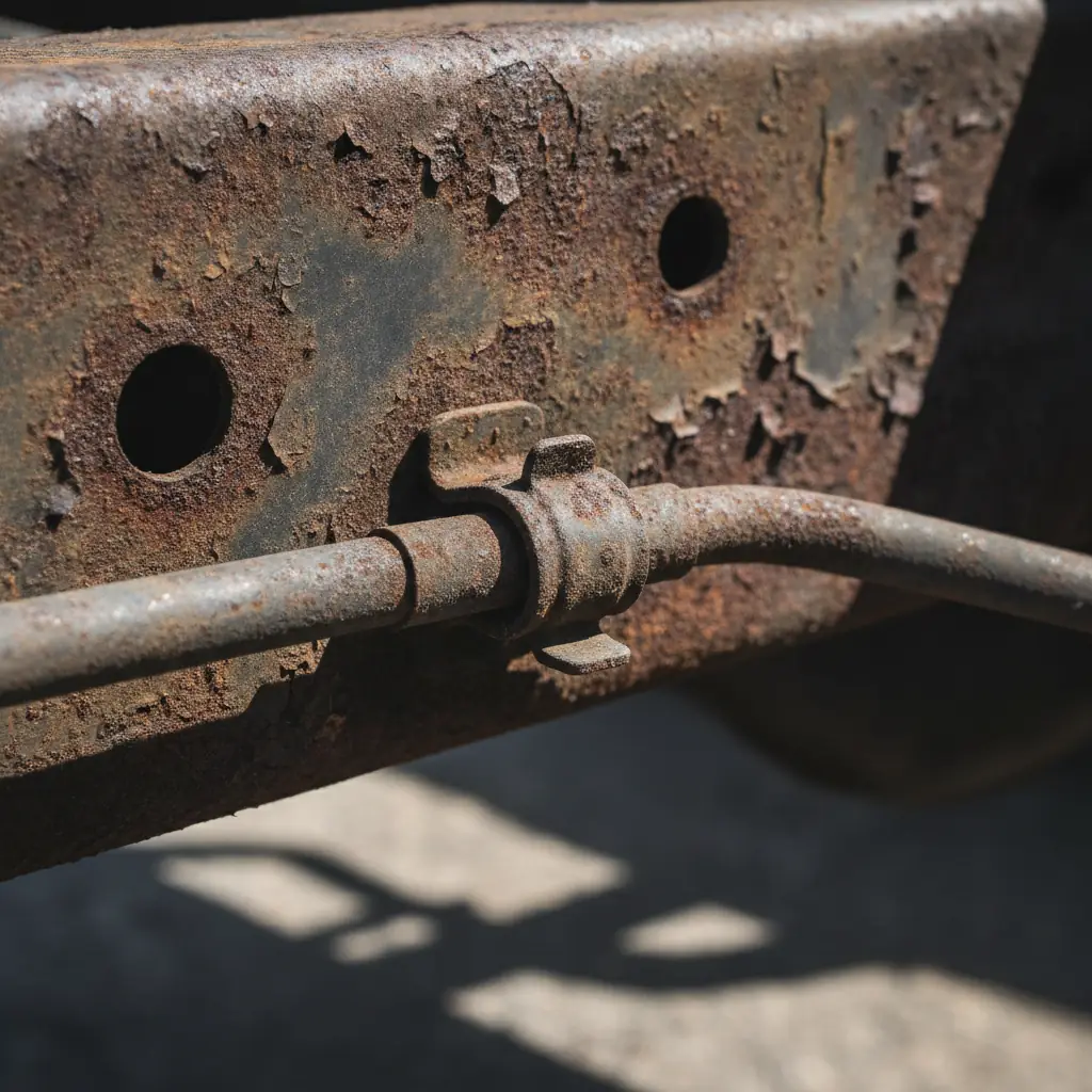 Heavily corroded steel brake line running along a rusted frame rail with a retaining clip