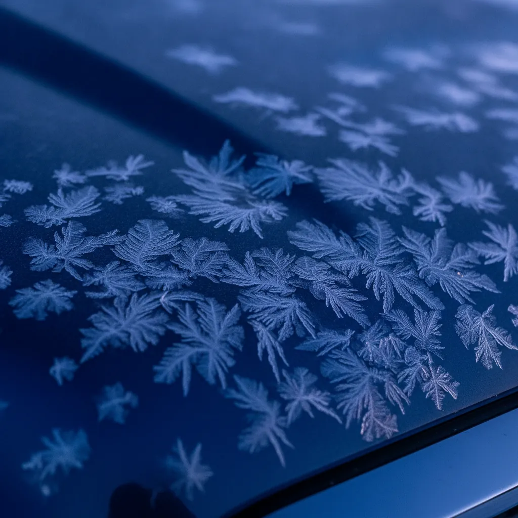 Frost crystals across a dark painted surface in blue winter light at dawn