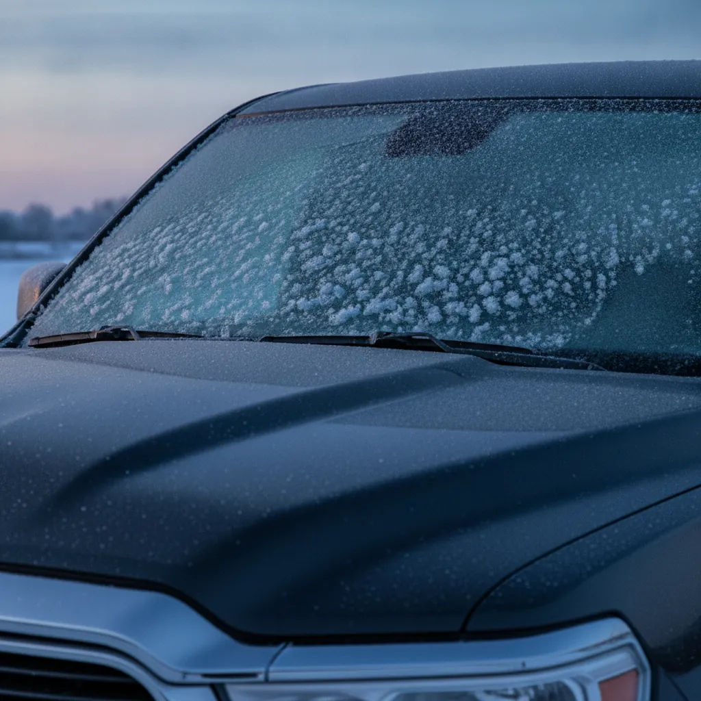 Thick frost across a truck windshield and hood edge at dawn in cold blue light