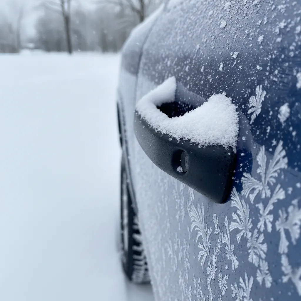 A snow covered door handle and frost on a vehicle body panel in winter