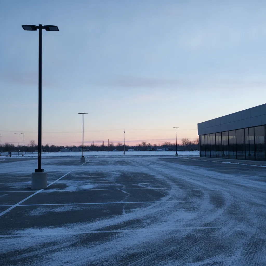 Empty snow dusted dealership lot with painted stalls at dawn