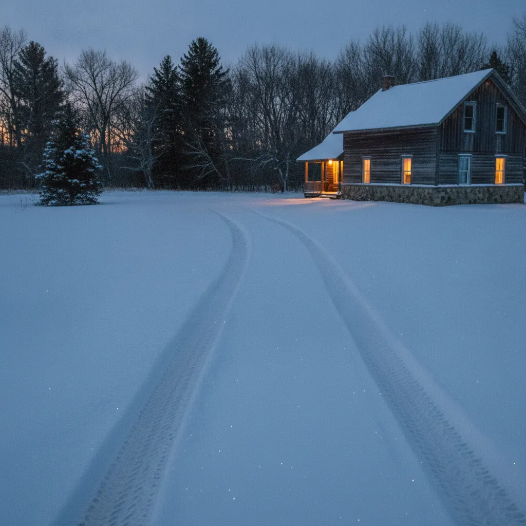 Snow covered rural driveway at dusk with fresh tire tracks leading toward a house with lit windows
