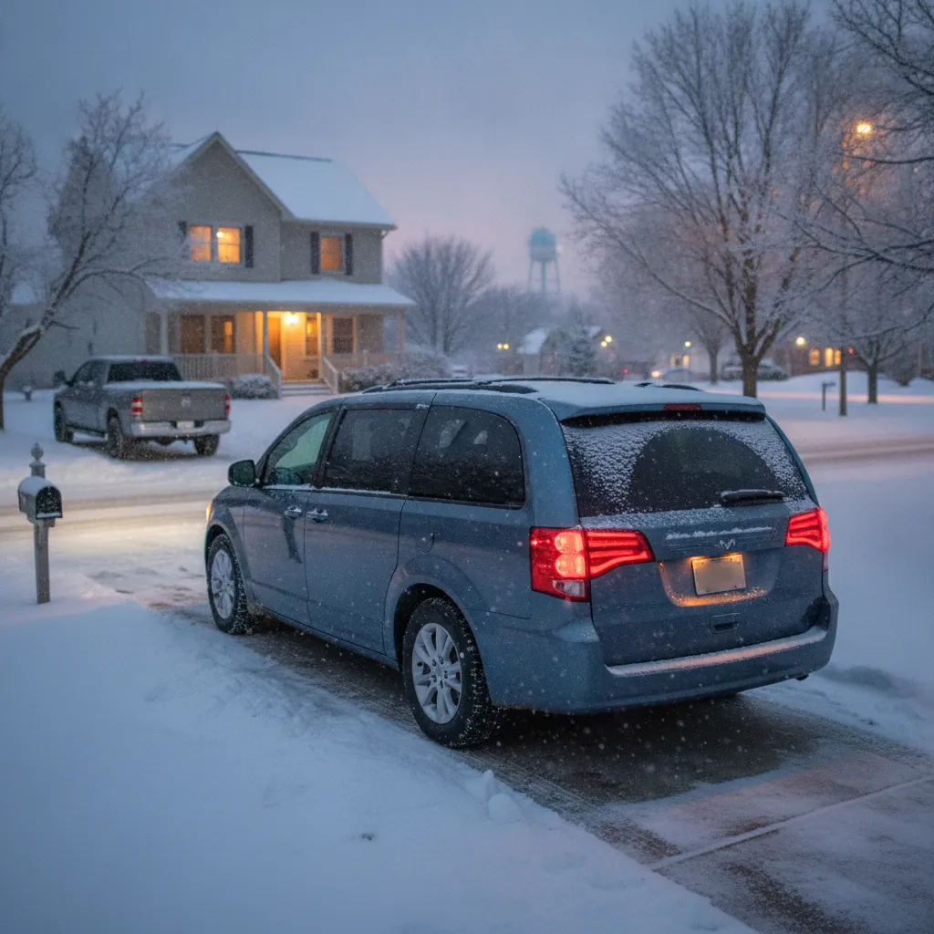 Minivan parked in a snowy prairie driveway at dusk