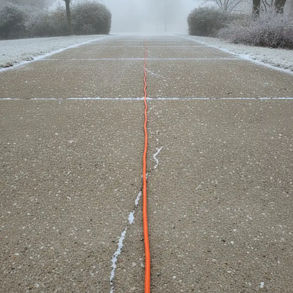 orange outdoor extension cord running in one straight uncoiled line across a snow dusted driveway