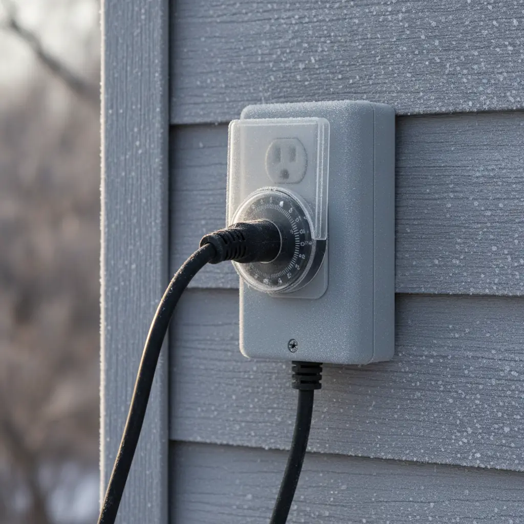 mechanical timer plugged into a weatherproof outdoor outlet on a frosty house wall