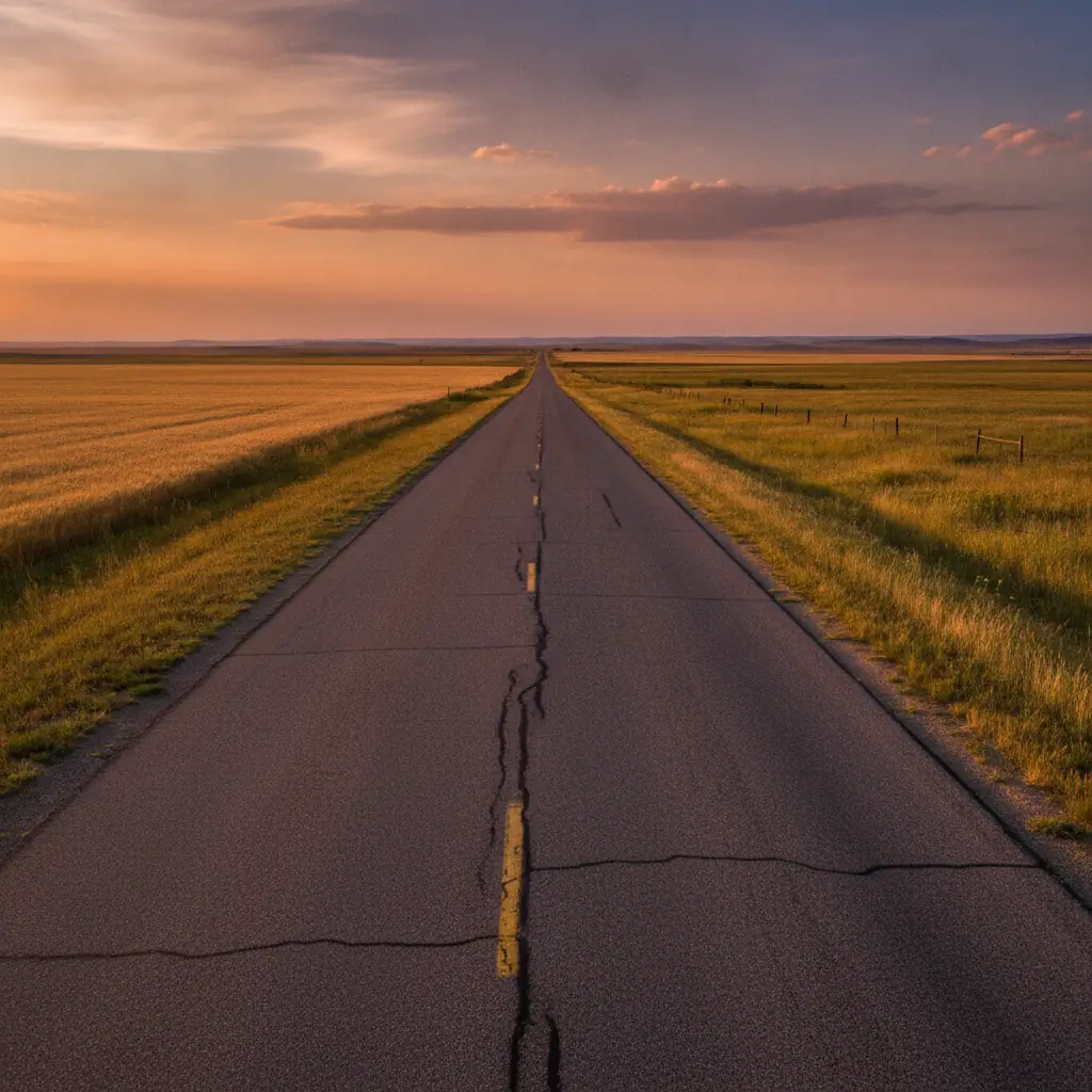 Open prairie highway running to the horizon under a wide late afternoon sky