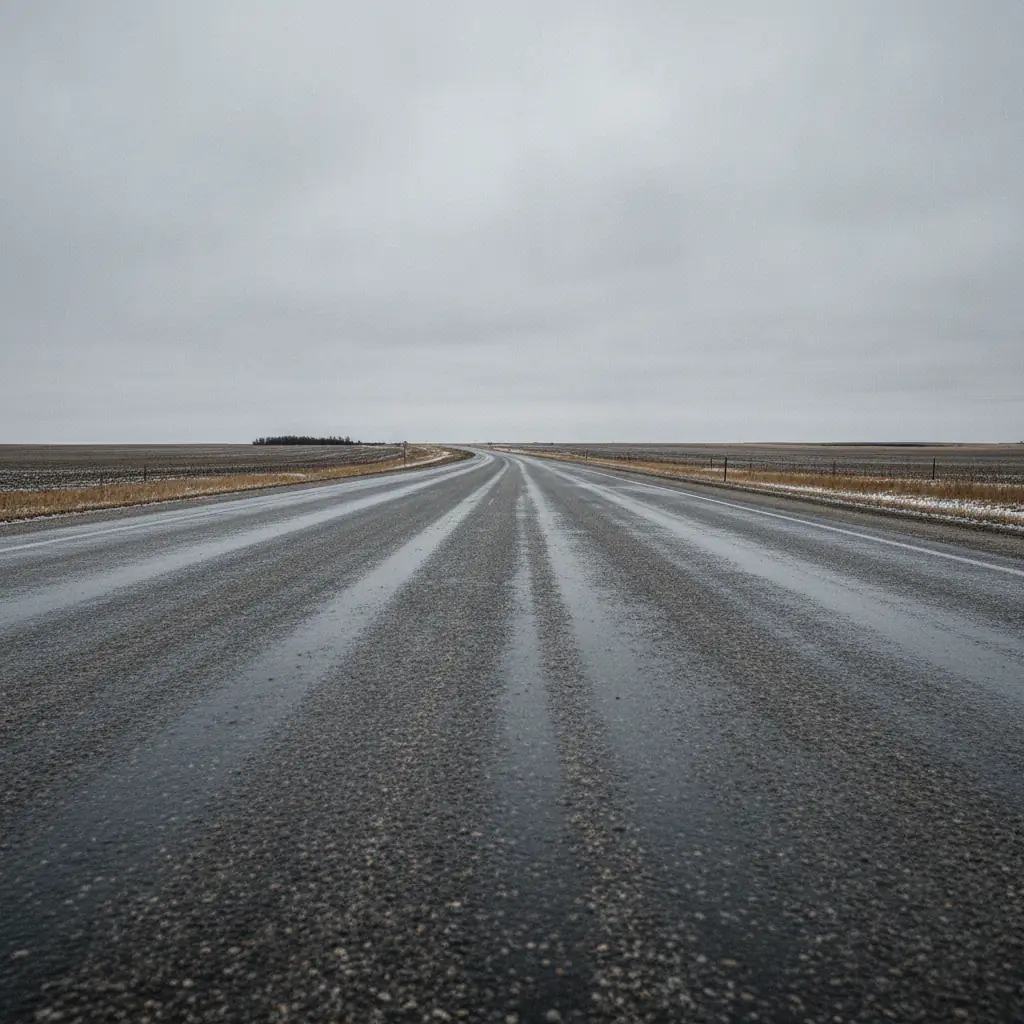 Wet prairie highway in late winter with slush and salt brine across the pavement