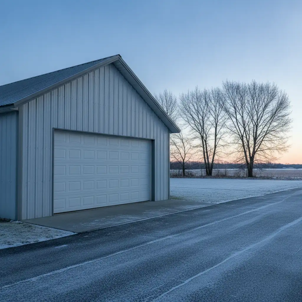 closed shop garage door on a prairie building with light snow on the concrete apron at dawn
