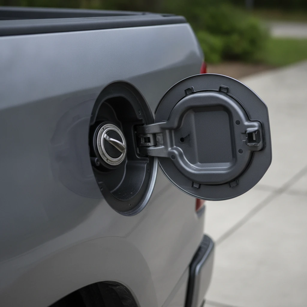 Open fuel filler door on a pickup showing the capless filler neck
