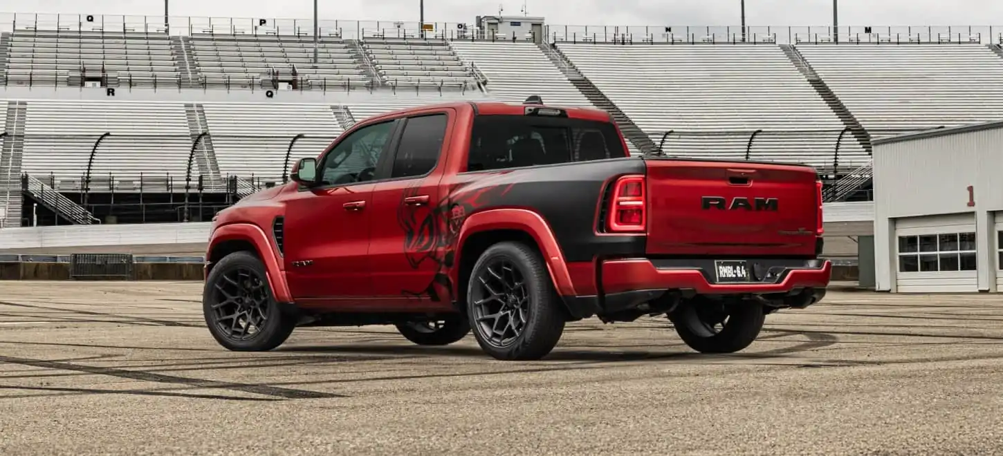 Ram 1500 Rumble Bee widebody stance from the rear three quarter