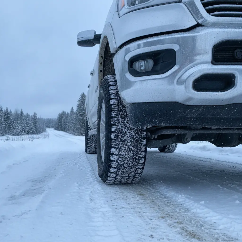 Underbody view of a Ram 1500 front skid plate above hard packed snow on a rural driveway