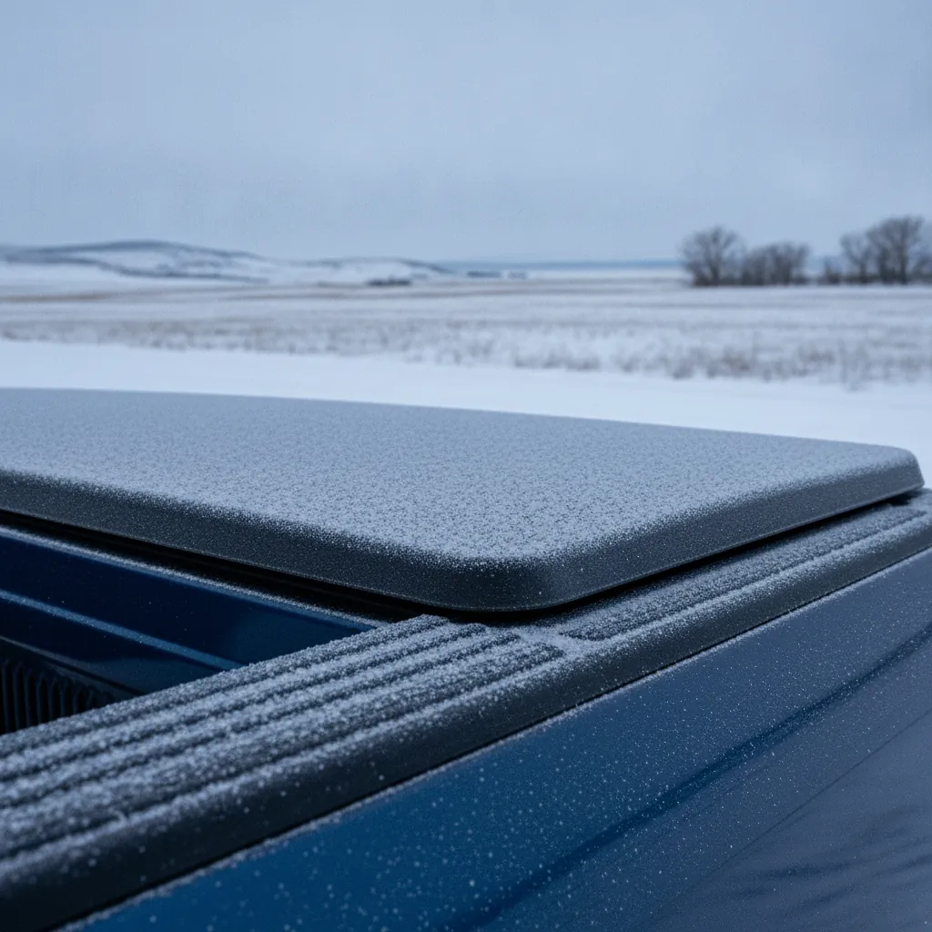 Snow dusted pickup bed rail with a closed moulded side storage compartment lid in winter light