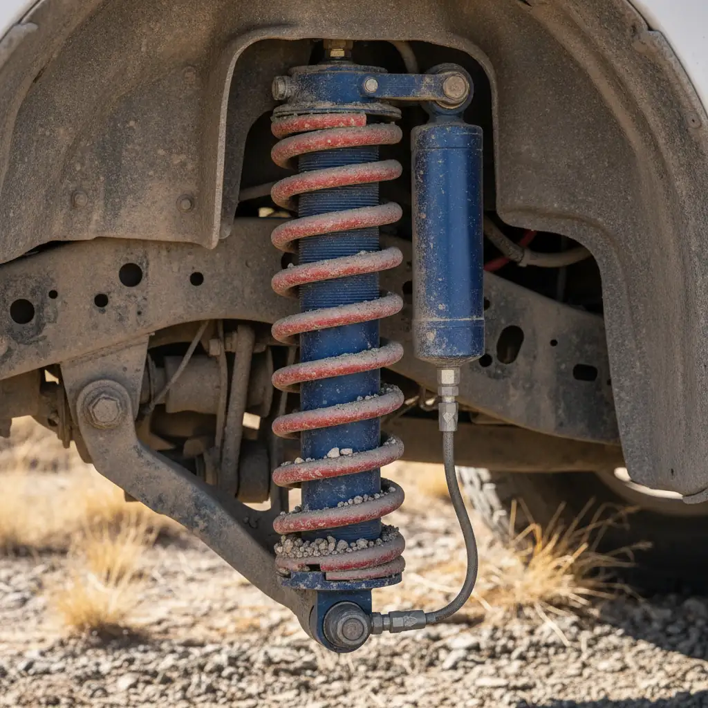 Close up of a remote reservoir shock absorber and coil spring covered in trail dust